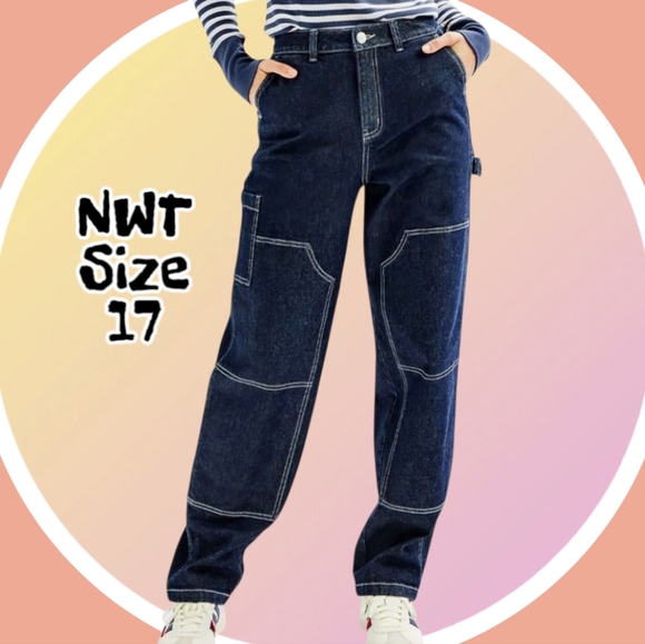 NWT Sz 17 HIGH-RISE Straight Leg Carpenter Patch Jeans - Picture 1 of 7